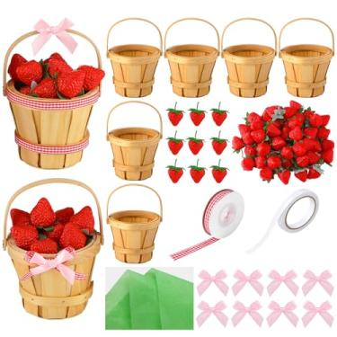 Imagem de LemonRoad Conjunto de 6 cestas de madeira decorativas de morango, com 98 peças, 12 x 16,7 cm, cesta redonda de madeira para piquenique para casamento, férias, mesa de fazenda, centro de mesa e