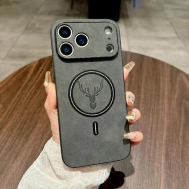 Imagem de SFDSUH Capa magnética de couro fosco com padrão retrô para iPhone 16e, à prova de choque (para iPhone 16e/cinza)