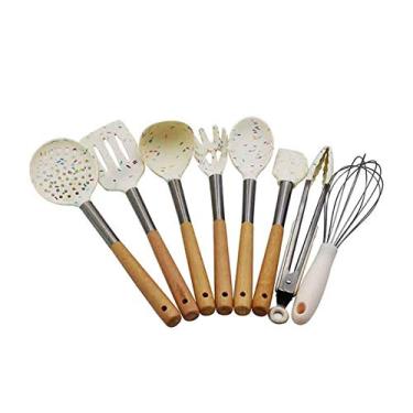 Imagem de U5GAAALPPQ9 Conjunto de utensílios de cozinha de silicone, conjunto de utensílios de cozinha, espátula, pá, colher de sopa com cabo de madeira, design especial resistente ao calor