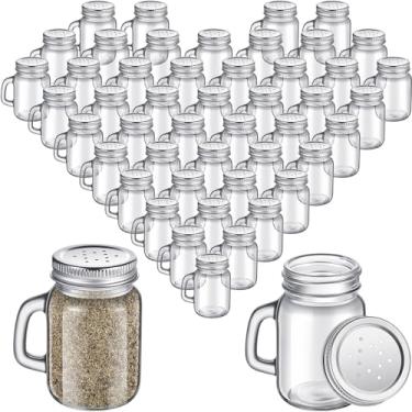 Imagem de Tessco for you 48 saleiros de vidro e pimenteiros, mini saleiro transparente para cozinha, com tampa de metal e alças para mesa de cozinha, utensílios de bebida, acessórios domésticos (113 g, prata)
