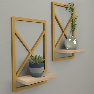 Imagem de prateleira estilo industrial modelo quadro, prateleira multiuso para sala e banheiro, organizador de parede industrial resistente (DOURADO 23 X 37 CM,3)