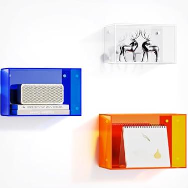 Imagem de Dewrhiixe Prateleiras flutuantes de acrílico para parede, prateleira de cubo montada na parede para quarto, sala de estar, banheiro, prateleira suspensa para armazenamento (colorida, conjunto de 3