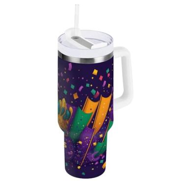Imagem de Blueangle Copo isolado de coroa de carnaval de 850 g com alça e tampa de palha, caneca de viagem reutilizável de aço inoxidável (216)