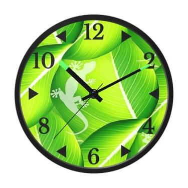 Imagem de STAYTOP Relógio de parede de LED Geckos em folhas verdes para quarto com brilho noturno, relógios de parede silenciosos de 30,5 cm para decoração de sala de estar, controle de som, relógio de parede