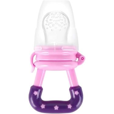 Imagem de Mordedor Alimentador De Frutas Para Bebê Silicone Com Tampa Protetora Rosa e Azul Design Estrelado (Rosa)