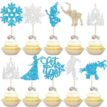 Imagem de Gyufise 36Pcs Snowflake Cupcake Toppers Glitter Winter Frozen Snowflake Castle Deer Princess Cupcake Picks for Winter Wonderland Baby Shower Kids Birthday Christmas Party Supplies Blue Silver Brown