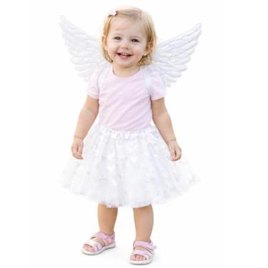 Imagem de Fantasia Bebê Anjinha Rosa com Asas – Saia de Tule Borboletas, Roupa Infantil para Festa e Aniversário (Branca, 1 a 3 anos)