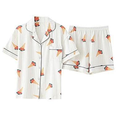 Imagem de HHHJQFAAT Conjunto de pijama gola virada para baixo manga curta shorts roupa de dormir feminina roupa de casa pijama confortável pijama (branco 4X)