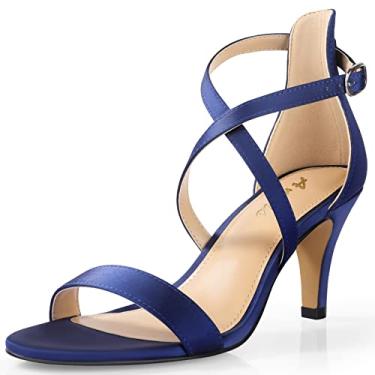 Imagem de Ankis Sandálias femininas de salto preto nude dourado com tiras cruzadas de 7,8 cm, bico aberto, para casamento, festa à noite, baile, Cetim azul marinho, 10