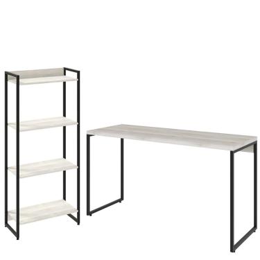 Imagem de Kit Escritório Estante Areta 4 Prateleiras com Mesa Industrial Aspen 135cm C01 Snow - Lyam Decor