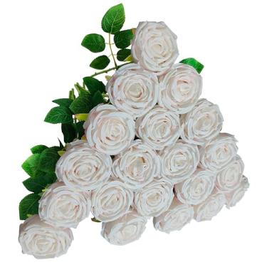 Imagem de ATFL Flores artificiais de rosas falsas a granel, diâmetro floral de 10 cm, 20 peças de rosas de seda artificial com hastes para arranjos de casamento, decoração de mesa de festa em casa (20, rosa