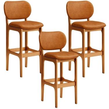 Imagem de Kit 03 Banquetas Alta Bar Cozinha Sala Jantar Fixa Betta L02 Imbuia Couríssimo Canela Lyam Decor