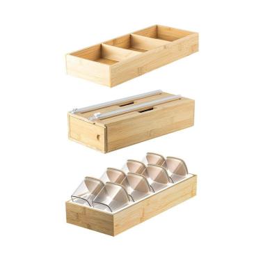 Imagem de Kit Organizador De Gaveta Com 01 Organizador Multiuso + 01 Organizador Rolos + 01 Organizador Temperos Em Bambu Ou