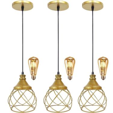 Imagem de 3 Pendente Aramado E s f e r a B a l o n ê + 3 Lâmpada Lustre Luminária Teto Regulável Sala Cozinha Industrial
