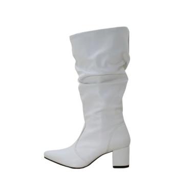 Imagem de Botas Femininas Modelo Slouchy Bico Fino Salto Grosso Lirom, Branco, 3