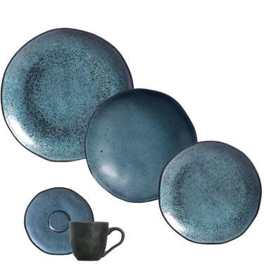 Imagem de Aparelho de Jantar Orgânico Petroleum 30 Peças Porto Brasil Cerâmica Stoneware Azul Mesa Posta