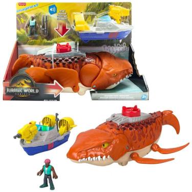 Imagem de Playset dinossauro Fisher-Price Imaginext Jurassic World Rebirth Aquachomp Chase Mosasaurus 46 cm com som, movimento, barco e figura de ação