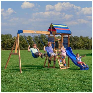 Imagem de Playground Infantil de Madeira com Caixa de Areia, Parede de Escalada, Escorregador e 2 Balanços, Backyard Discovery, Azul