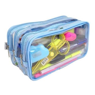 Imagem de Estojo Triplo Transparente 3 Compartimentos Grande Azul Clar - Gicalli