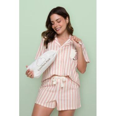 Imagem de Pijama Americano Curto Algodão Listra Salmão - Pink Dream, M
