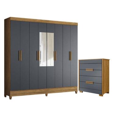 Imagem de Guarda Roupa Casal Marajó com Espelho e Cômoda Dhara Freijó Cinza – Moval