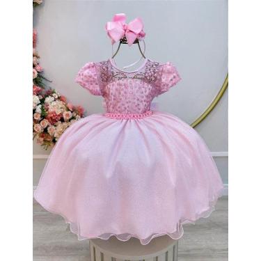 Imagem de Vestido Infantil Rosa Claro Tule Bordado com Glitter para Daminhas de 