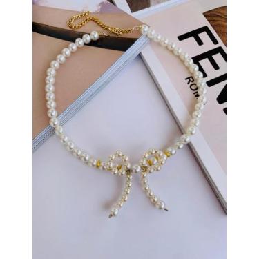 Imagem de Colar de Pérolas choker com laço Coquette folheado Ouro e Prata - dond