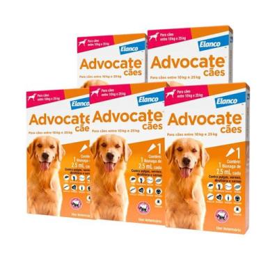 Imagem de 5 Elanco Advocate 1 Bisnaga  2,5mL Antipulgas e Vermífugo Cães 10 a 25