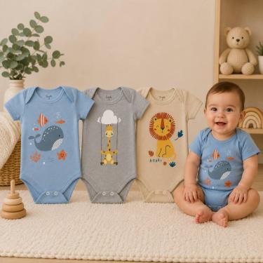 Imagem de Kit C/ 3 Peças Bodie Body Neném Infantil Bebe Manga Curta