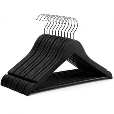 Imagem de 【Cozena】 Kit 10 Cabides de Madeira Preto Premium – Elegância, Resistência e Organização - Gancho metálico resistente e giratório - Evita marcas, vincos e deformações