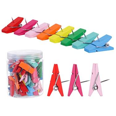 Imagem de 50 peças de clipes de pino de pressão – lindos grampos de madeira coloridos para quadro de cortiça, quadro de avisos, obras de arte, projetos de artesanato