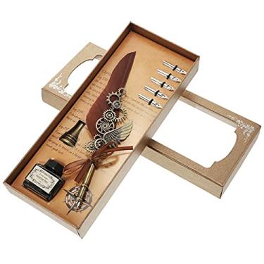 Imagem de HIOD Caneta tinteiro 5 pontas de pena de ganso natural mergulhada em água caligrafia asa mecânica caneta tinteiro vintage conjunto de canetas penas, marrom