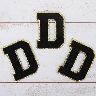 Imagem de Pacote com 3 adesivos de Chenille Iron On Glitter Varsity Letter 5 cm de altura "D" - Tecido de chenille preto com acabamento em glitter dourado - Costurar ou passar a ferro - 5 cm preto D