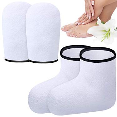 Imagem de Geyoga Luvas de cera de parafina, luvas e botas de cera de parafina, luvas de mão de banho, luvas de pano felpudo e botinhas, acessórios hidratantes para cuidados com as mãos e pés (branco)