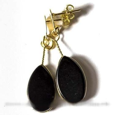 Imagem de Brinco Gota Obsidiana Negra 40mm Ranhurado Banho Dourado