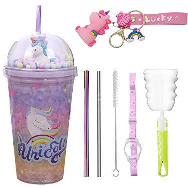 Imagem de seelucky Copo de viagem infantil unicórnio roxo com canudo copo para beber gelo congelador caneca gelada para piquenique festa (unicórnio roxo A, 450 ml)