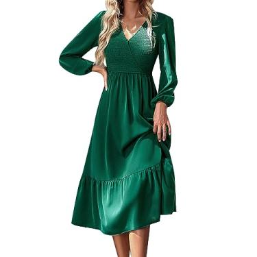 Imagem de UIFLQXX Vestido de coquetel feminino 2023 outono cor pura vestido envoltório manga longa decote em V cintura alta vestido evasê, Verde, M