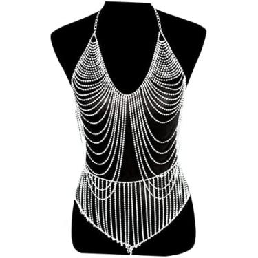 Imagem de Senhoras sexy strass franja sutiã corrente brilhante conjunto em camadas praia biquíni com lingerie calções de banho para meninas, prata