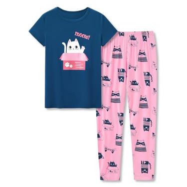 Imagem de Tebbis Conjunto de pijama listrado e gato para meninas pequenas e grandes - 2 peças de pijama de verão de fibra modal macia nos tamanhos 6-18, Gato azul-marinho e rosa (conjunto de camiseta e calça),