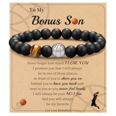 Imagem de Futebol Beisebol Basquete Presentes de Futebol Masculino Pulseiras com Contas Natural Olho de Tigre Pulseira Masculina Aniversário Presentes de Formatura para Filho Neto Bônus Filho Namorado Irmão,