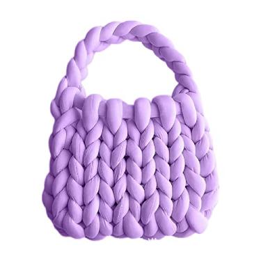 Imagem de OXYPLAY Bolsa de mão grossa e volumosa de lã gigante, bolsa de ombro de malha de fio grosso, bolsa macia casual, bolsa balde trançada DIY, Roxa