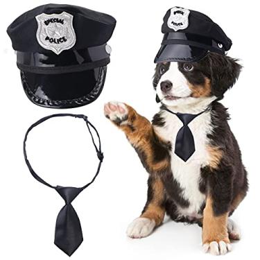 Imagem de Yewong Conjunto de 2 peças de acessórios de fantasia de polícia de animais de estimação cão gato chapéu de polícia com gravata de animal de estimação kit de vestido de policial para Halloween Natal cosplay festa de encenação (et-C)