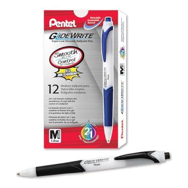 Imagem de Pentel Canetas esferográficas GlideWrite com tinta TechniFLO – Pacote com 12 canetas de tinta preta de 1,0 mm com design de barril retrátil – fácil aderência e escrita suave, ponta de metal, caneta de