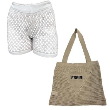 Imagem de Kit Shorts/Saia com Bolsa Feminina Saiada de Praia Tricot Moda Verão -