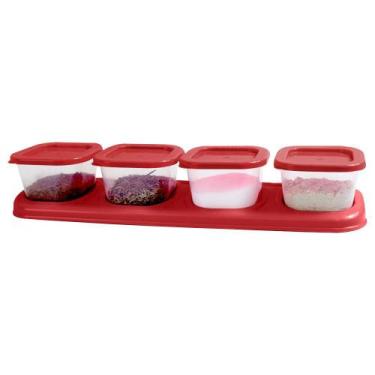 Imagem de Porta Tempero Condimentos C/ 4 Potes Transparente e Vermelho - Keita