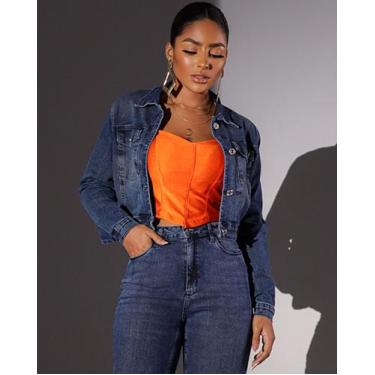 Imagem de Jaqueta jeans cropped feminina com elastano 23901 - CONSCIÊNCIA, Escur