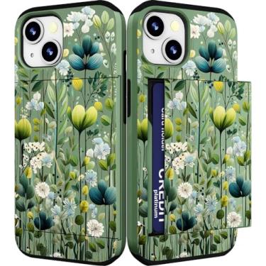 Imagem de IWONE Capa compatível com iPhone 15 fofa com porta-cartões à prova de choque Slim Slot Phone 15 capas carteira para mulheres/folhas verdes botânicas plantas tropicais