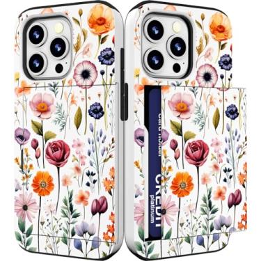 Imagem de IWONE Capa compatível com iPhone 15 Promax fofa com porta-cartões à prova de choque Slim Slot Phone 15 Pro Max Capa carteira para mulheres/flores bonitas selvagens primavera jardim gramíneas floral