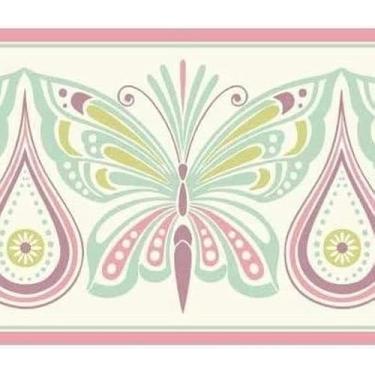 Imagem de Papel de parede Concord Wallcoverings Border Waverly Kids Butterfly para quarto de menina, rosa pastel roxo verde branco, 18 cm por 38 m WK6845B