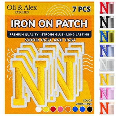 Imagem de Oli and Alex Letras amarelas de ferro de 6 cm - 7 peças de adesivos N para roupas - Super cola, sem necessidade de costura - Bordado time de futebol escolar universitário